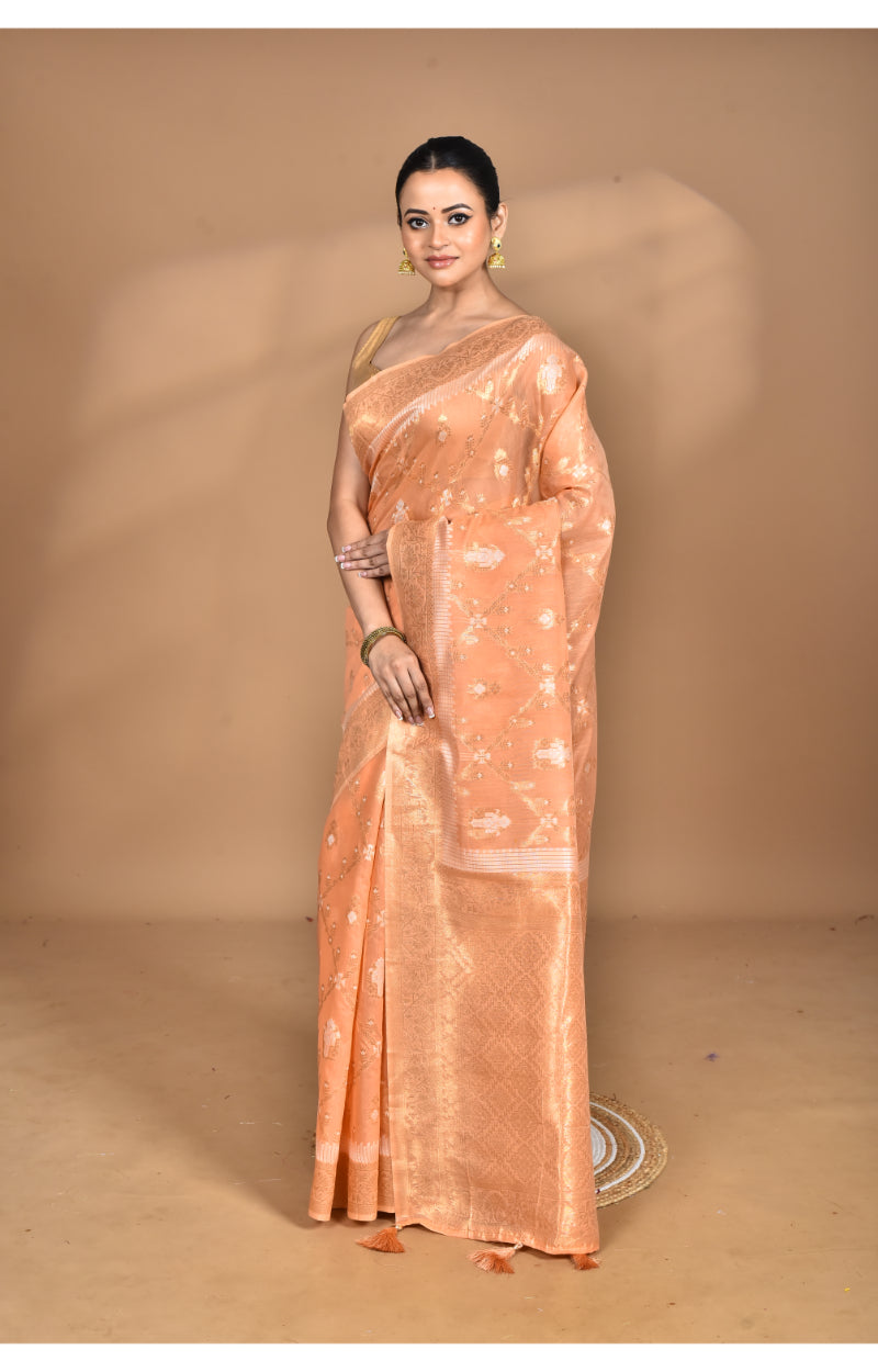 Morchari Banarasi Silk Chanderi Saree-Peach | Swadesiicart