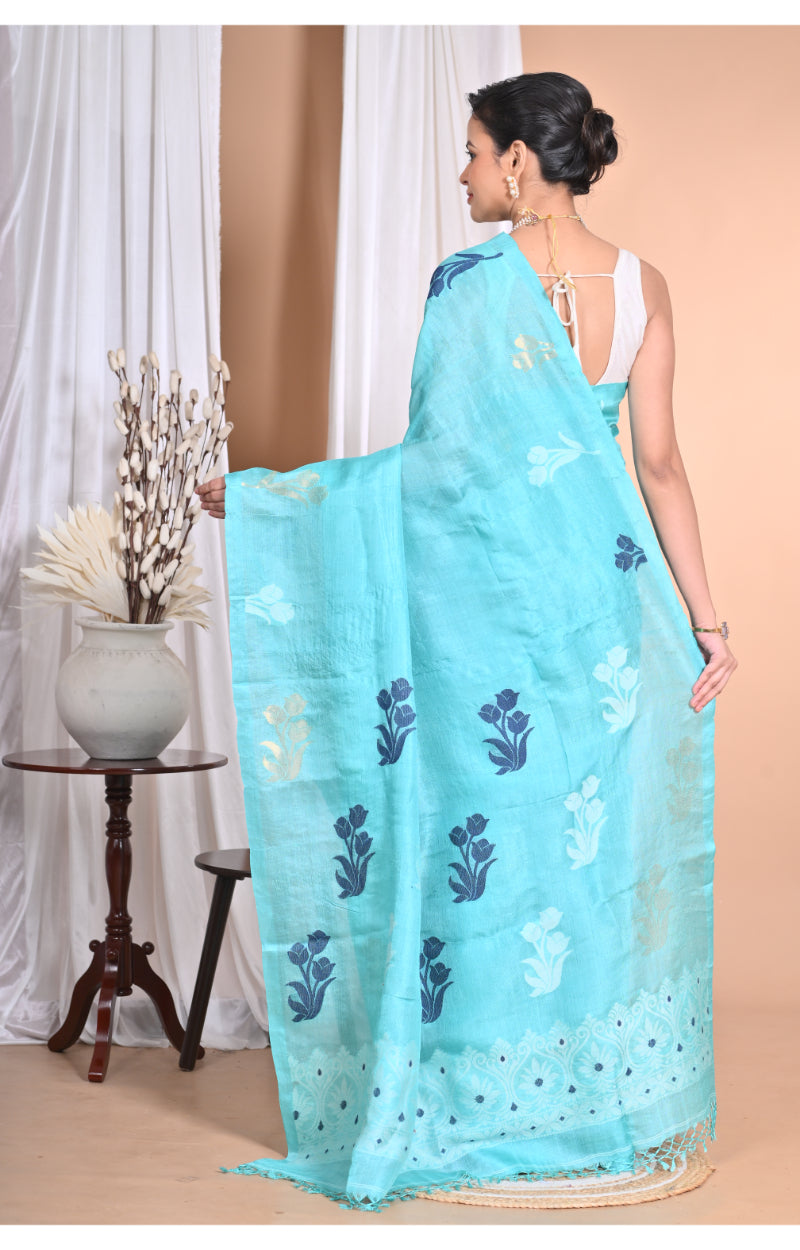 Morchari Pure Tussar Silk Handloom Saree-Blue | Swadesiicart