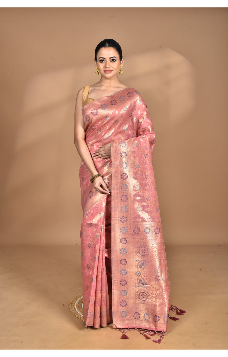Morchari Banarasi Silk Chanderi Saree-Peach | Swadesiicart