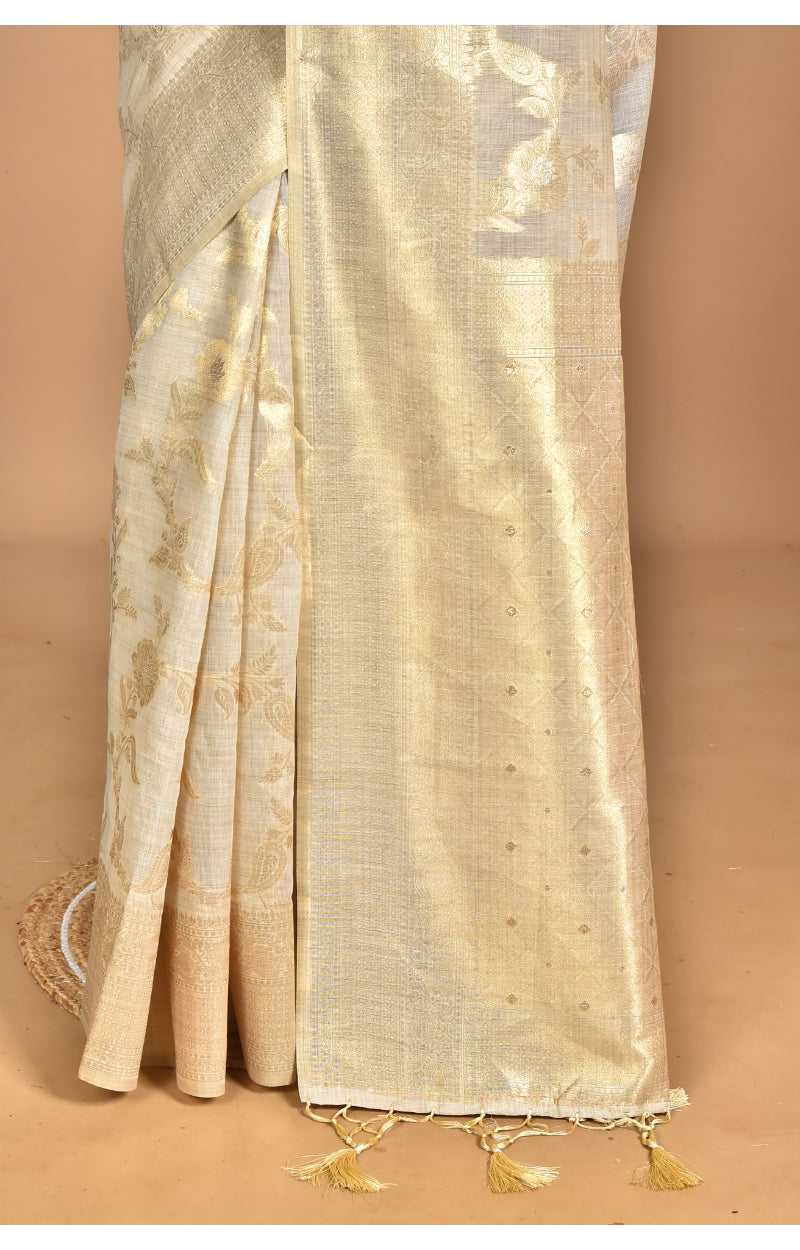 Morchari Banarasi Silk Chanderi Saree-Cream | Swadesiicart
