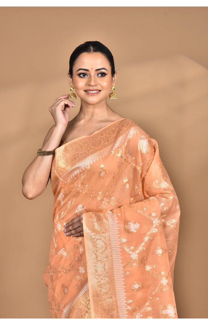 Morchari Banarasi Silk Chanderi Saree-Peach | Swadesiicart