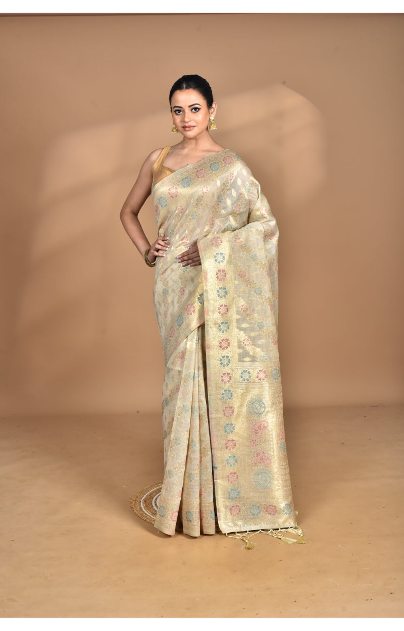 Morchari Banarasi Silk Chanderi Saree-Cream | Swadesiicart