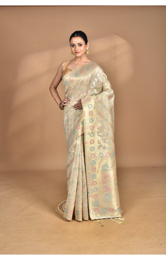 Morchari Banarasi Silk Chanderi Saree-Cream | Swadesiicart