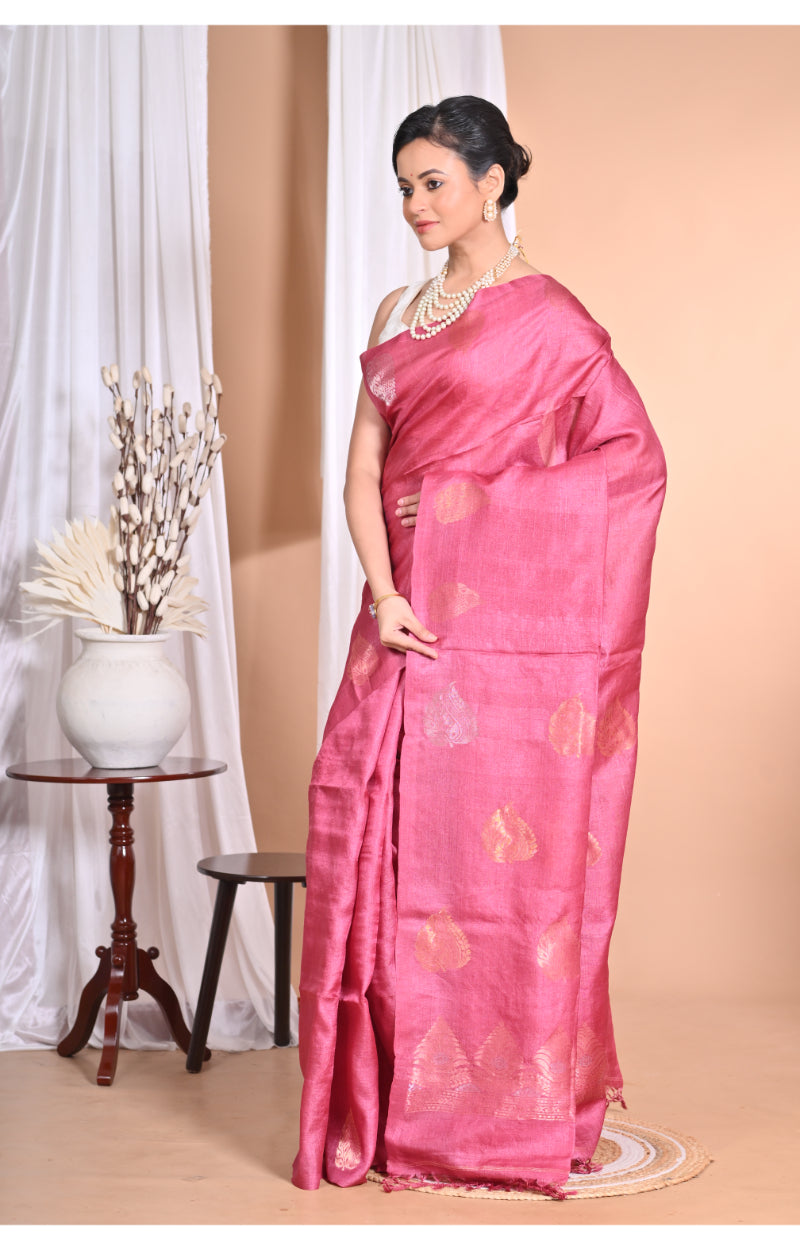 Morchari Pure Tussar Silk Handloom Saree-Pink | Swadesiicart