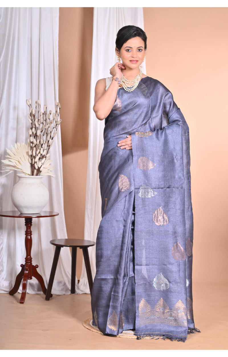 Morchari Pure Tussar Silk Handloom Saree-Grey | Swadesiicart