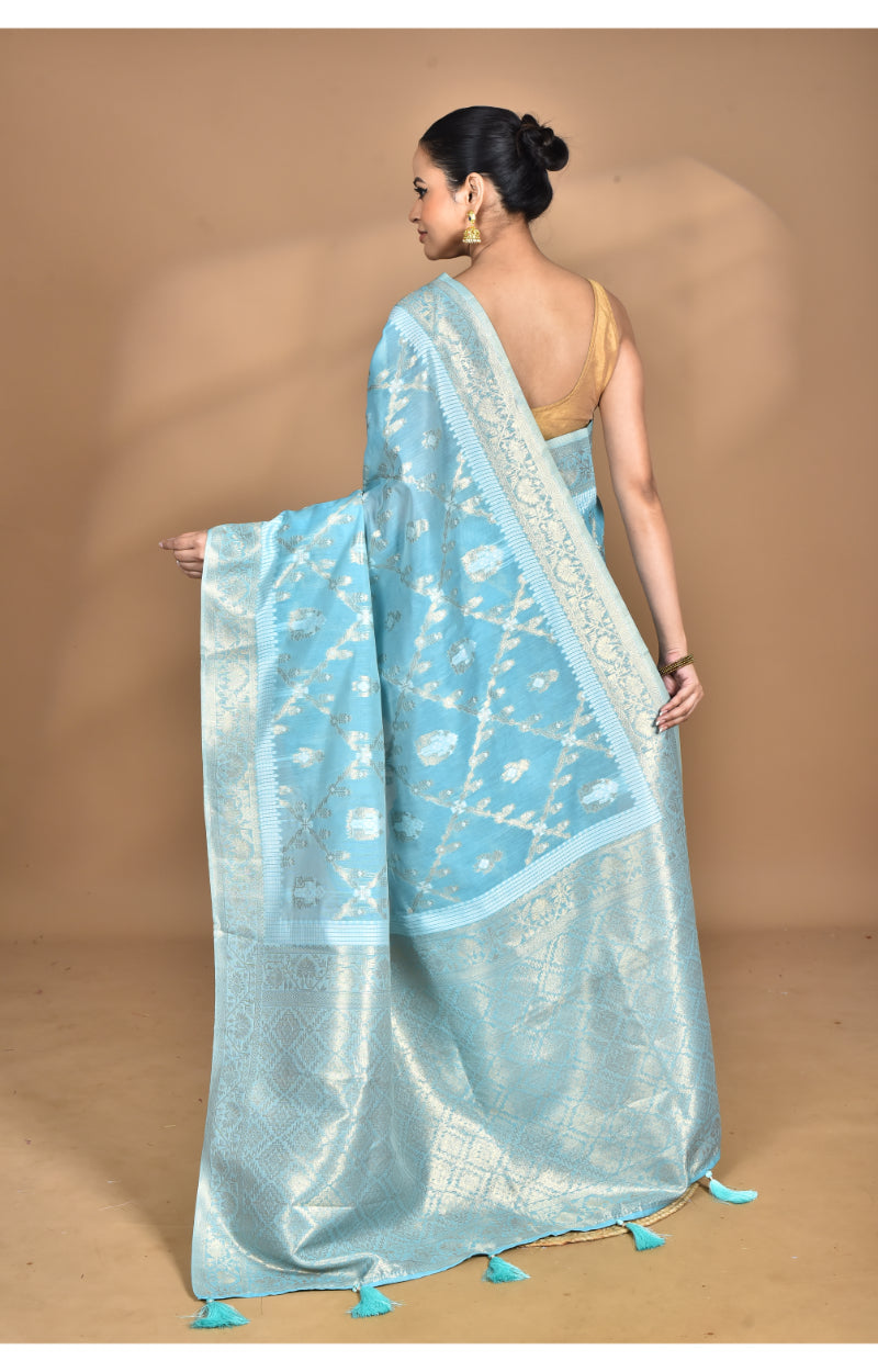 Morchari Banarasi Silk Chanderi Saree-Blue | Swadesiicart