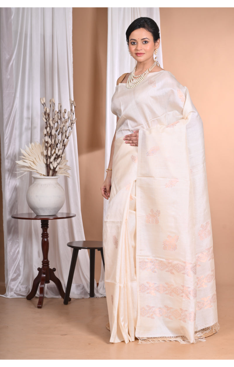 Morchari Pure Tussar Silk Handloom Saree-Cream | Swadesiicart