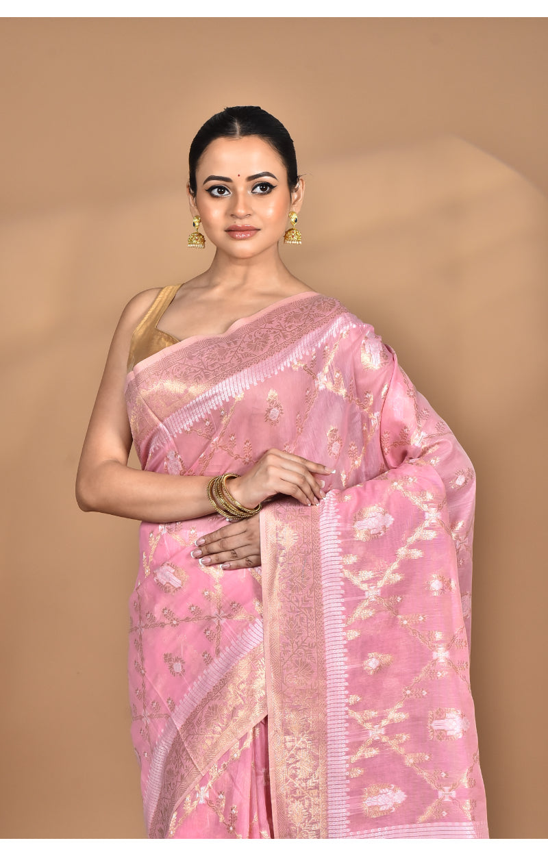 Morchari Banarasi Silk Chanderi Saree-Pink | Swadesiicart