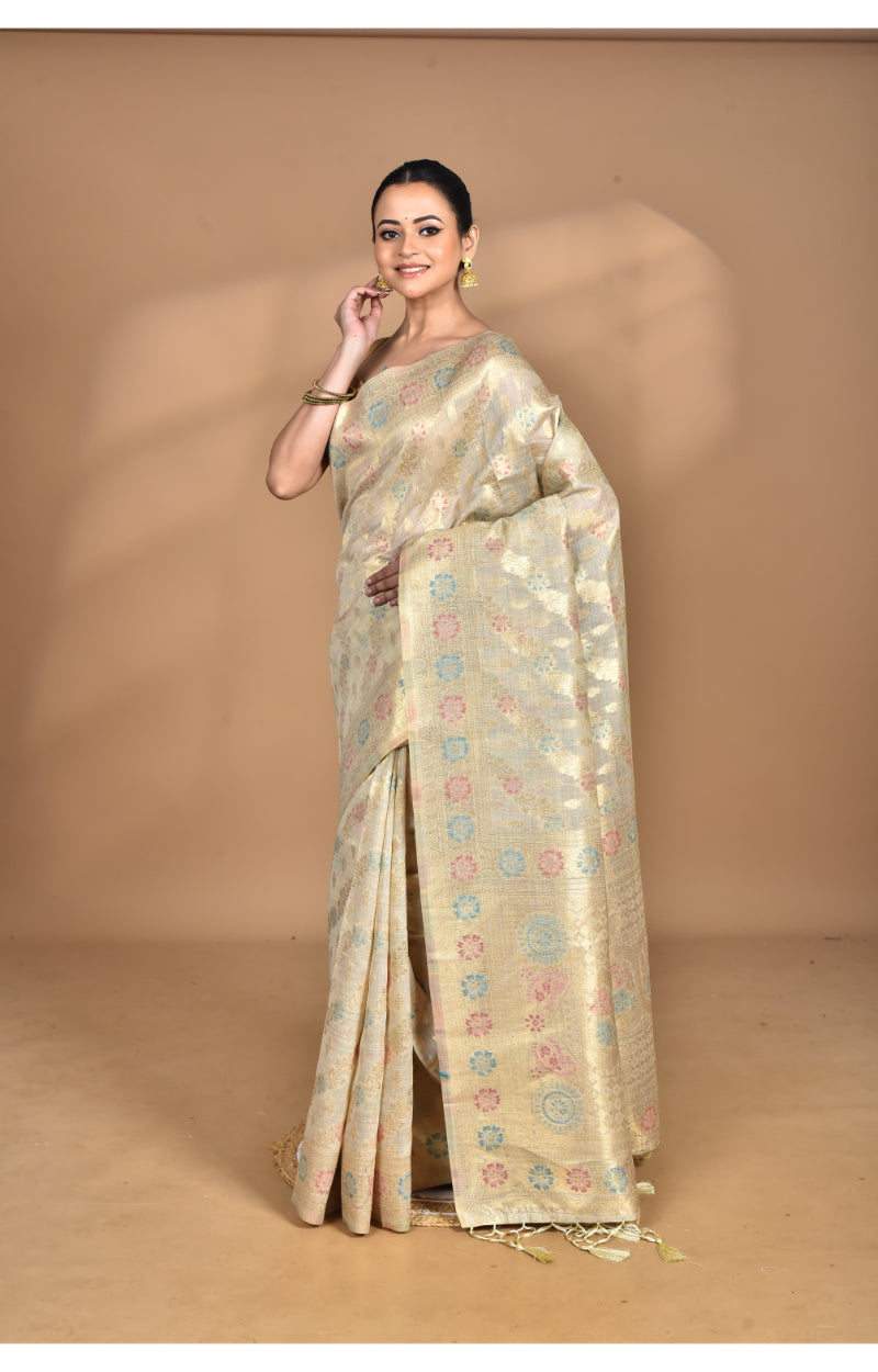 Morchari Banarasi Silk Chanderi Saree-Cream | Swadesiicart