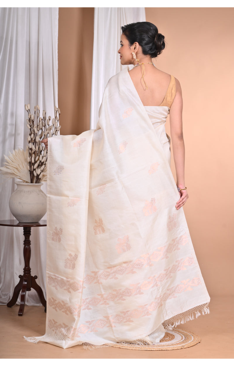 Morchari Pure Tussar Silk Handloom Saree-Cream | Swadesiicart