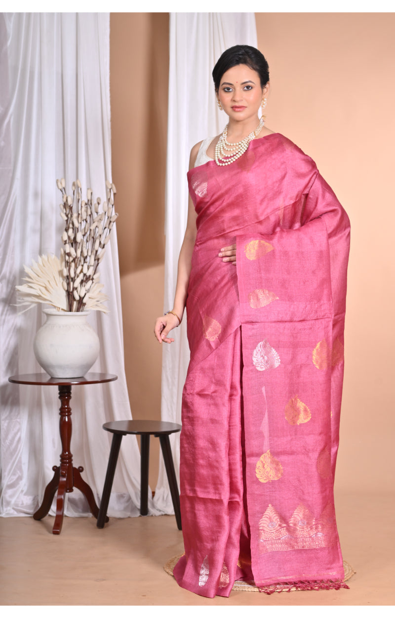 Morchari Pure Tussar Silk Handloom Saree-Pink | Swadesiicart