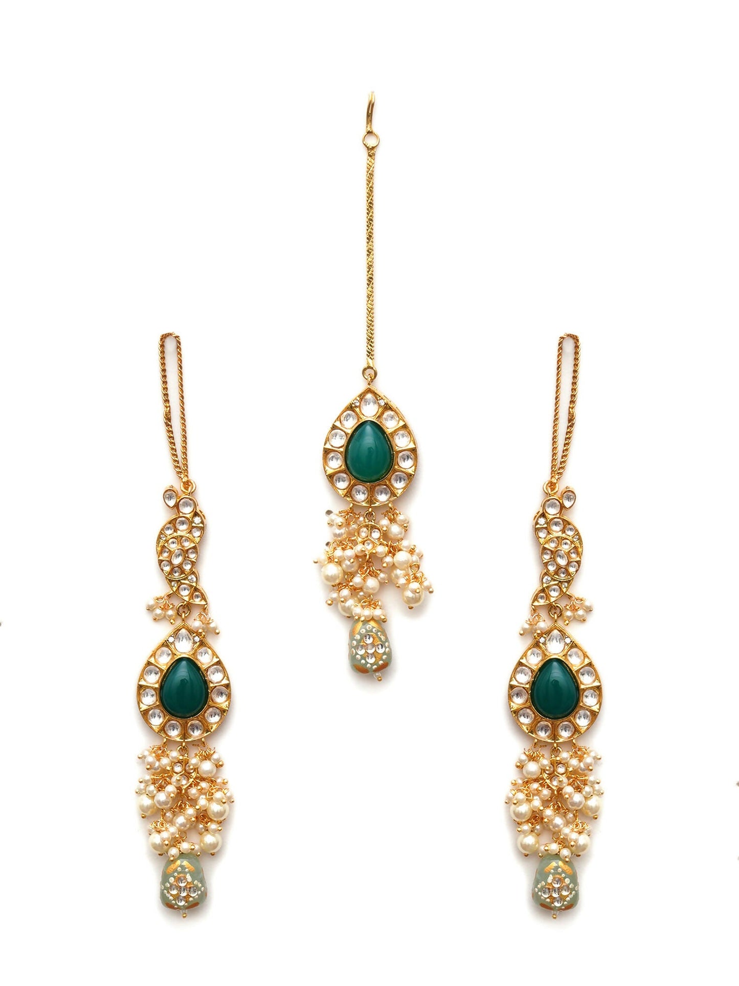 Kundan Choker with Matching Earrings & Maang Tikka Jewellery Set (Gold) - Ruby Raang - Swadesiicart