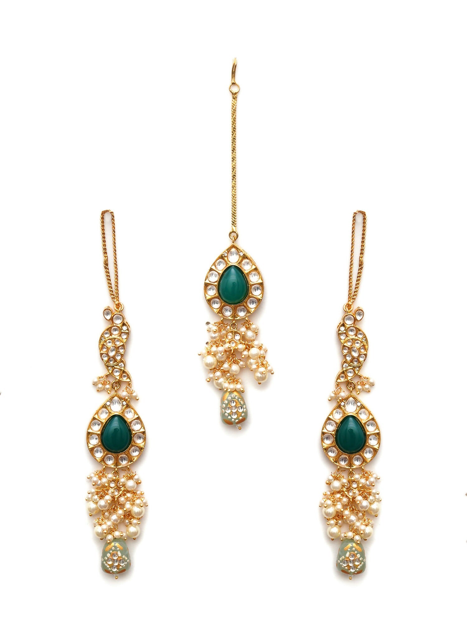 Kundan Choker with Matching Earrings & Maang Tikka Jewellery Set (Gold) - Ruby Raang - Swadesiicart