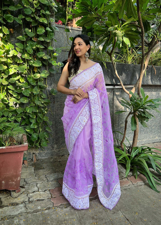 Vamsee Palak Saavi Lavender Organza Saree - Swadesiicart