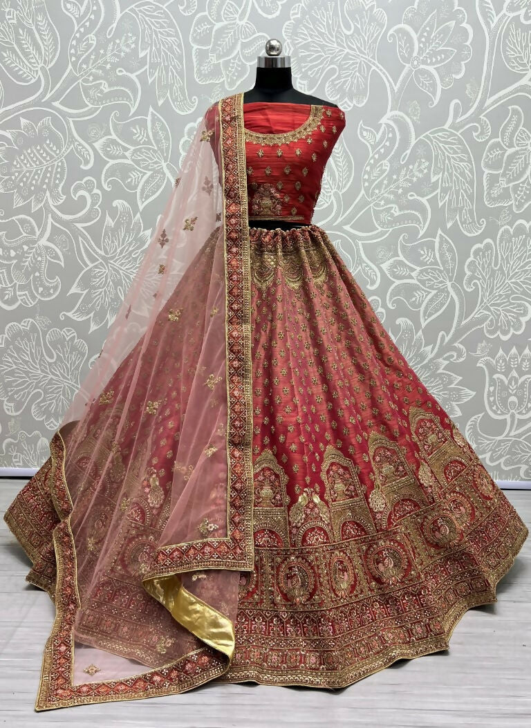 Jyoti Fashion Women's Red Bridal Net Fancy Dori & Sequins Multi Thread Embroidered with Diamond Work Wedding Lehenga Choli | Swadesiicart