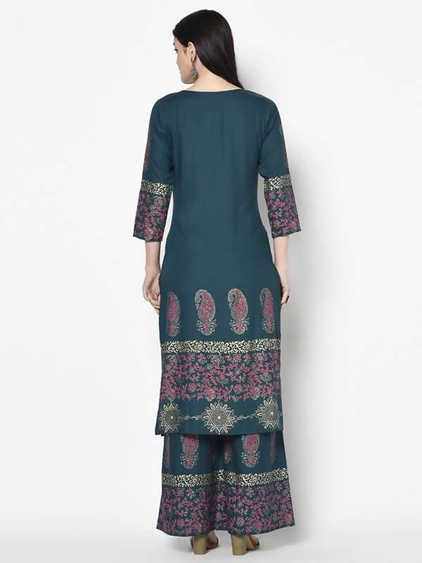 Aniyah Rayon Teal Blue Color Block Print Straight Kurta (AN-224K) - Swadesiicart
