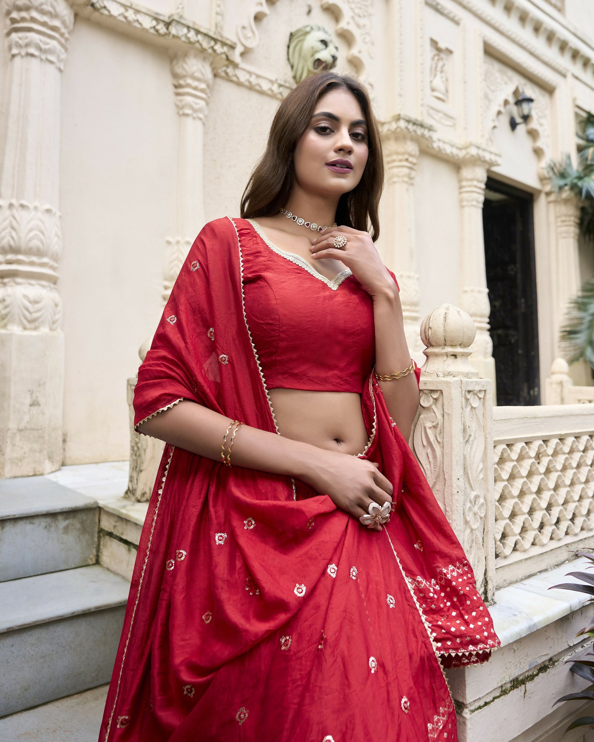 Lorenvalley Red Pure Chanderi Plain With Zari Weaving Work Border Lehenga Choli | Swadesiicart