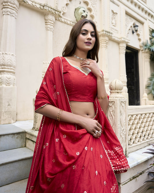 Lorenvalley Red Pure Chanderi Plain With Zari Weaving Work Border Lehenga Choli | Swadesiicart
