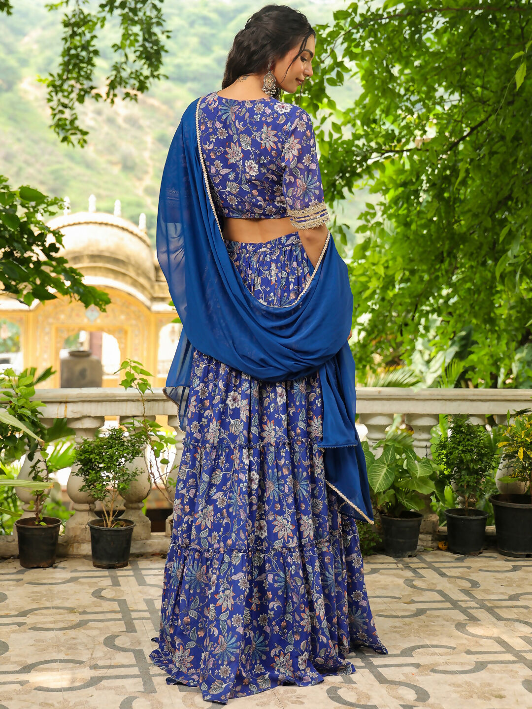 Janasya Blue Georgette Floral Lehenga Choli Dupatta | Swadesiicart