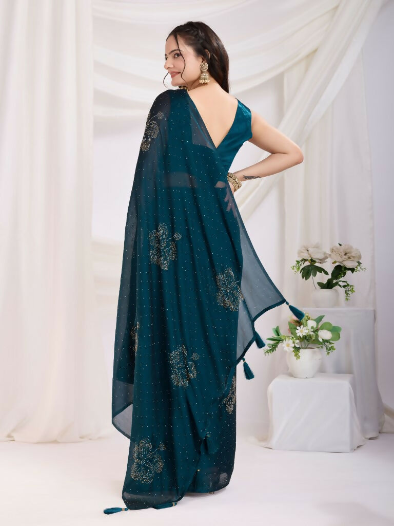 Teal Blue Rangoli Silk Diamond Work Ready To Wear Saree - Tamana | Swadesiicart