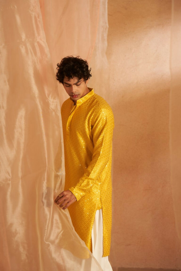 Yellow Viscose Chikankari Embroidery Work Men's Traditional Kurta Set - Mahotsav | Swadesiicart