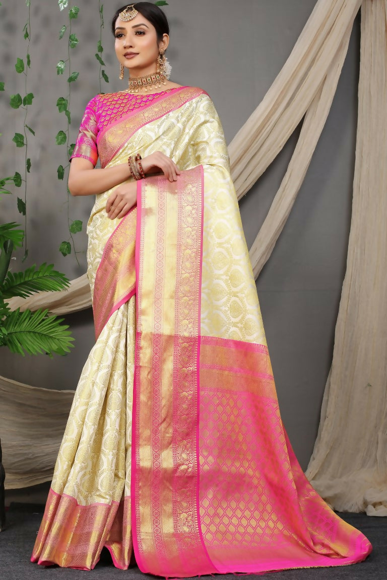Jyoti Fashion Women's Off White Kanjivaram Silk Zari Woven Saree with Blouse | Swadesiicart