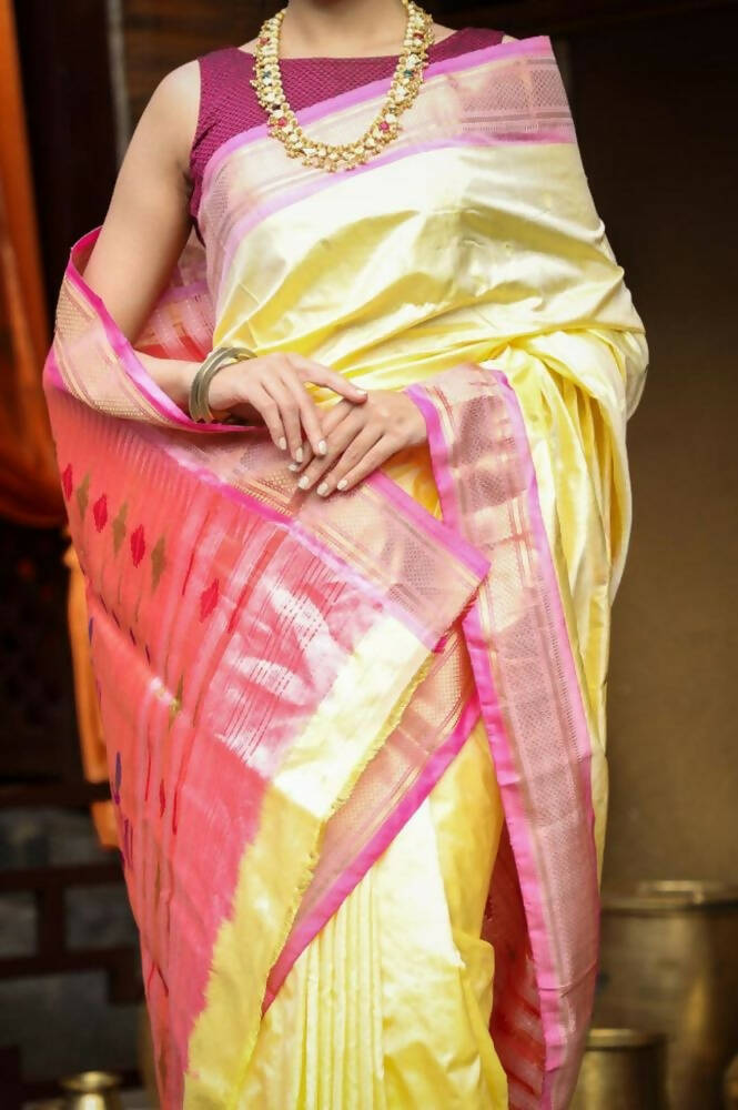 Very Much Indian Handloom Pure Silk Paithani Pastel Light Yellow | Swadesiicart