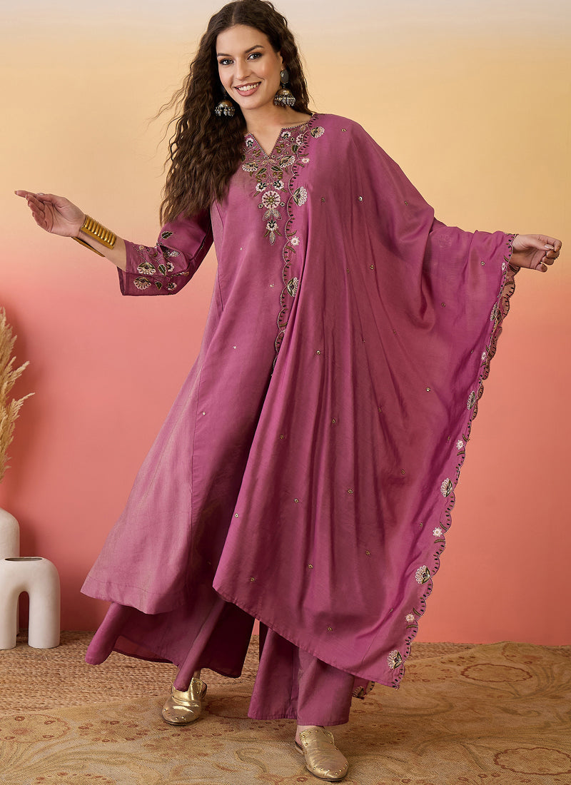 Vegaa Fashion Onion Pink Roman Silk Embroidered Palazzo Suit - Swadesiicart