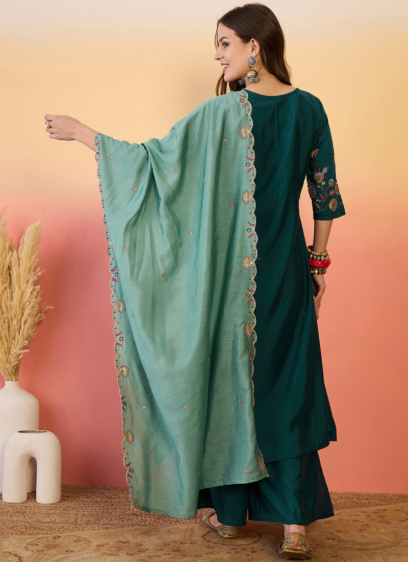 Vegaa Fashion Aqua Green Roman Silk Embroidered Palazzo Suit - Swadesiicart