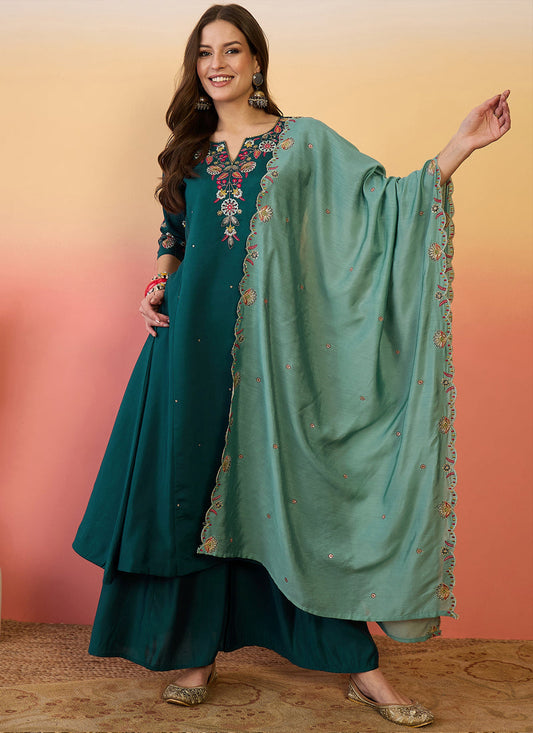 Vegaa Fashion Aqua Green Roman Silk Embroidered Palazzo Suit - Swadesiicart