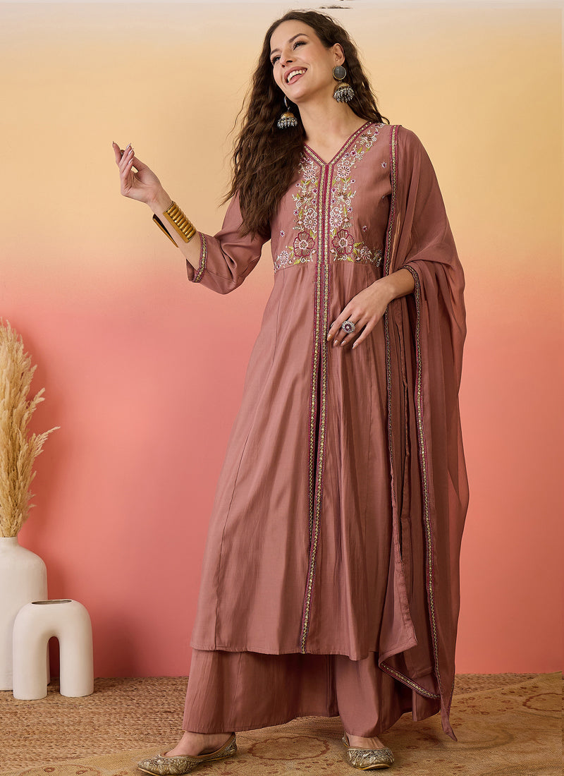 Vegaa Fashion Brown Roman Silk Embroidered Palazzo Suit - Swadesiicart