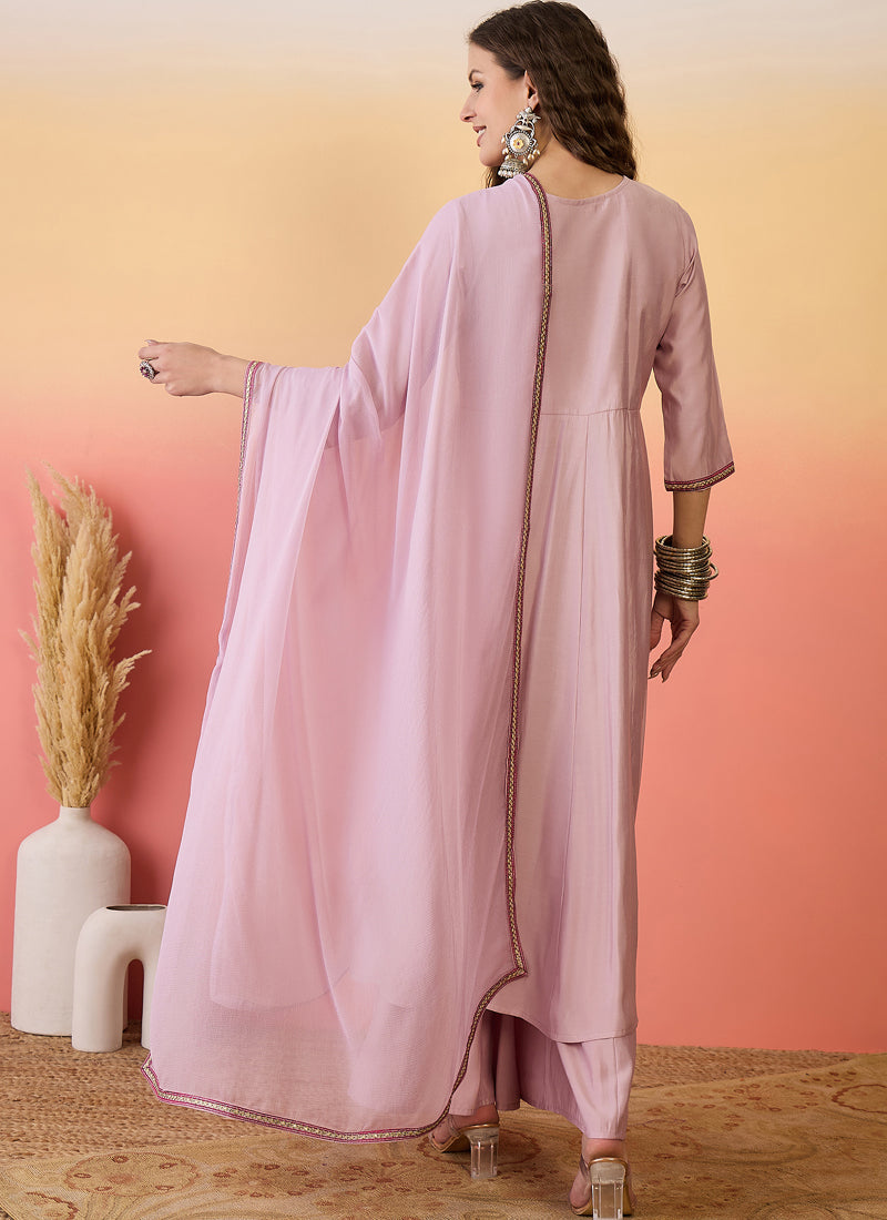 Vegaa Fashion Light Pink Roman Silk Embroidered Palazzo Suit - Swadesiicart
