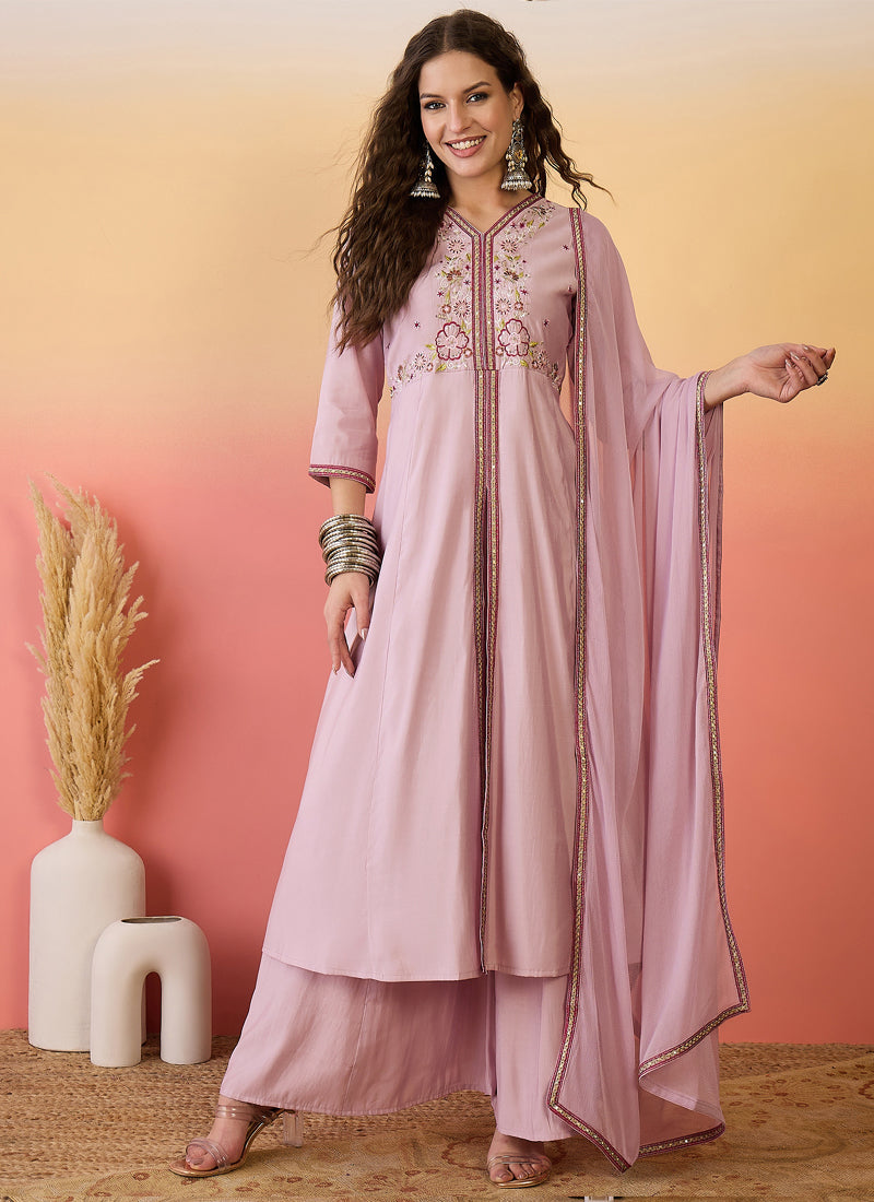 Vegaa Fashion Light Pink Roman Silk Embroidered Palazzo Suit - Swadesiicart