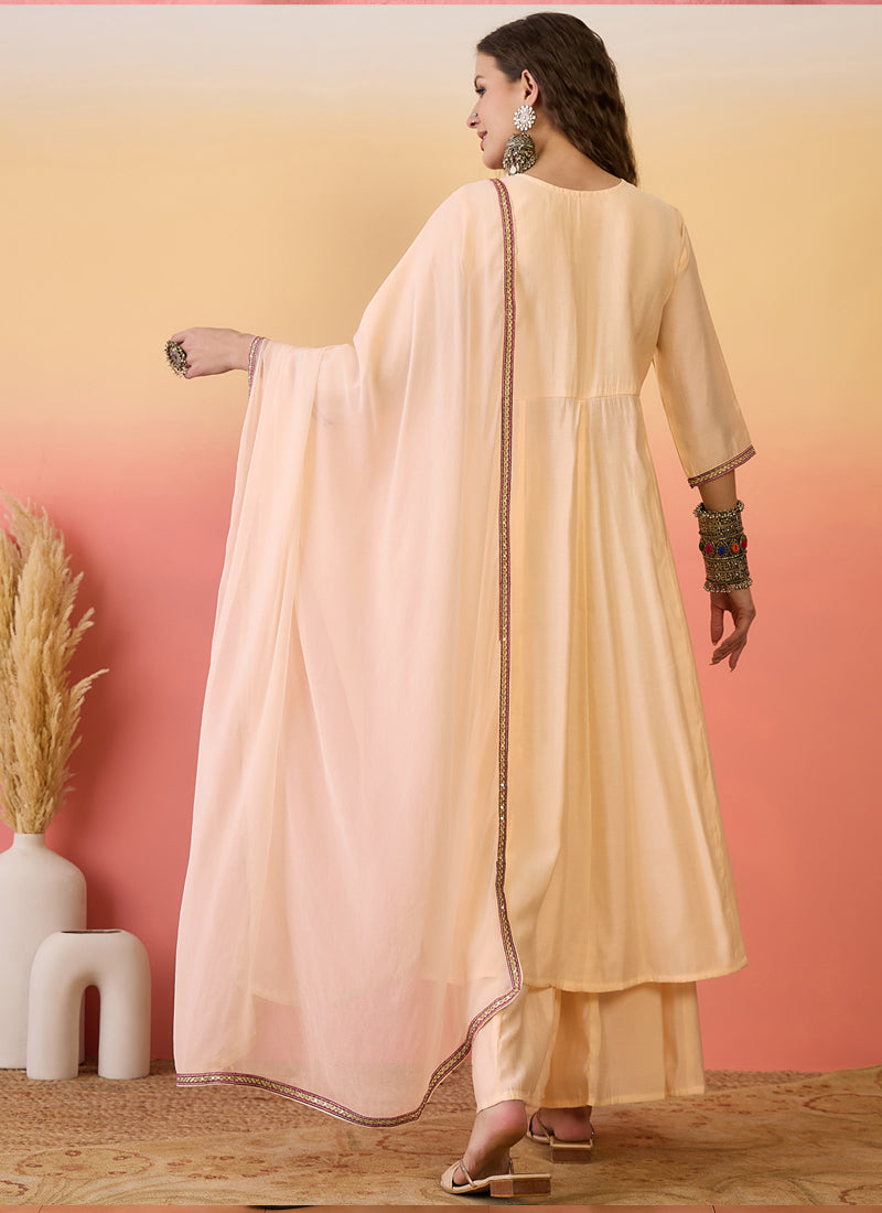 Vegaa Fashion Cream Roman Silk Embroidered Palazzo Suit - Swadesiicart