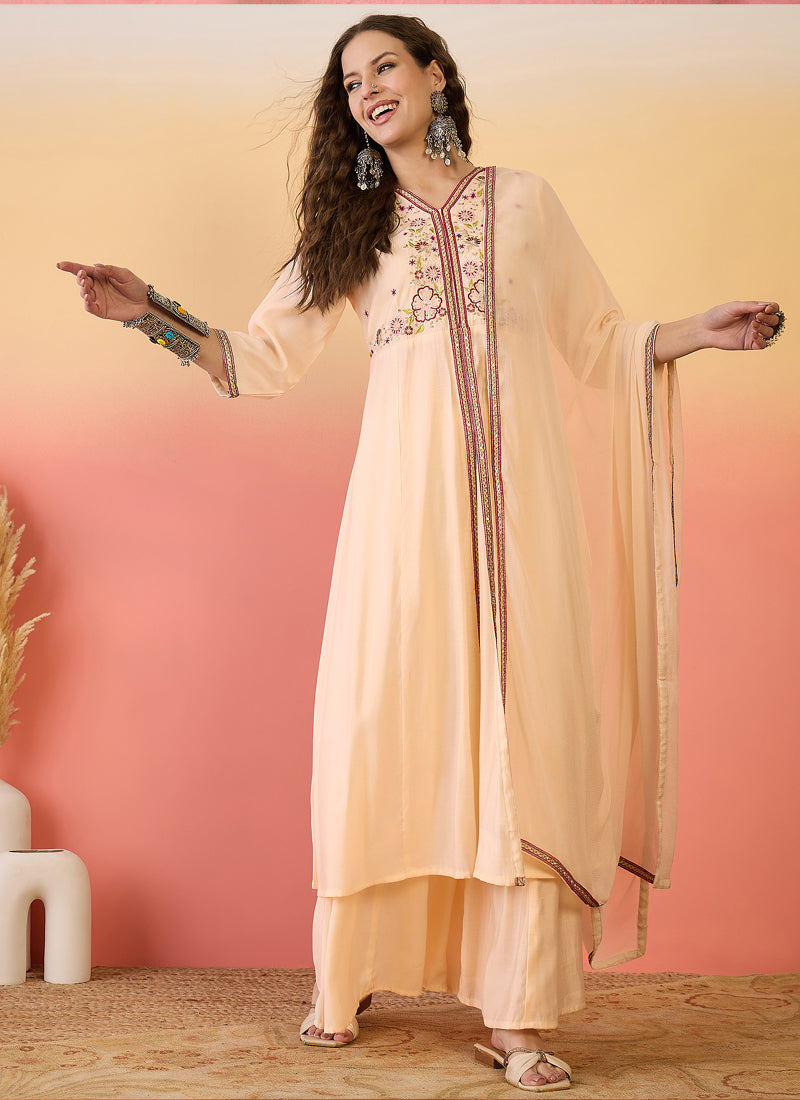 Vegaa Fashion Cream Roman Silk Embroidered Palazzo Suit - Swadesiicart