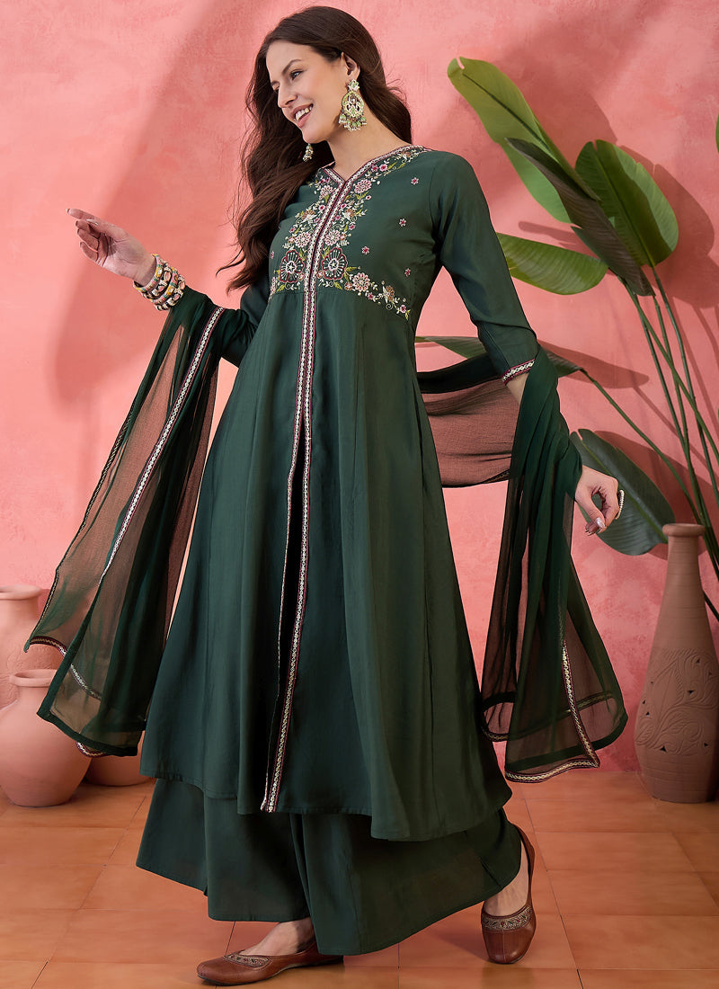 Vegaa Fashion Green Roman Silk Embroidered Palazzo Suit - Swadesiicart