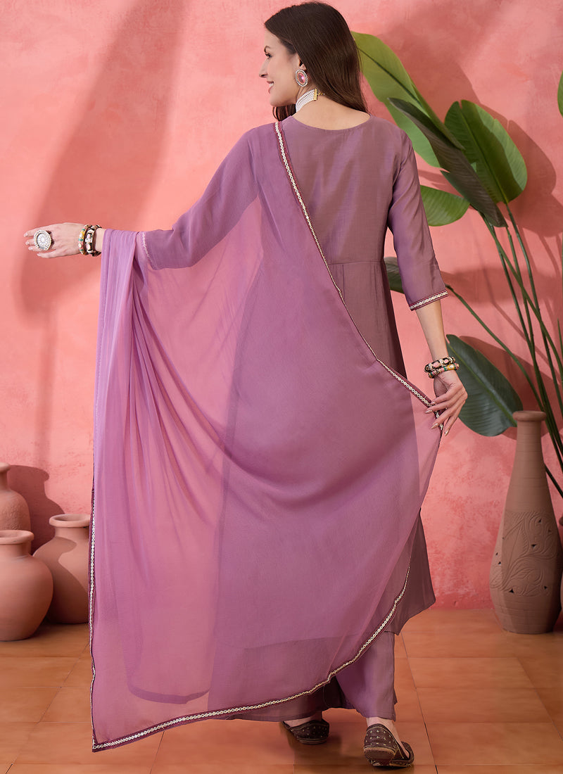 Vegaa Fashion Onion Pink Roman Silk Embroidered Palazzo Suit - Swadesiicart