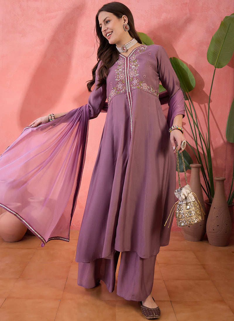 Vegaa Fashion Onion Pink Roman Silk Embroidered Palazzo Suit - Swadesiicart