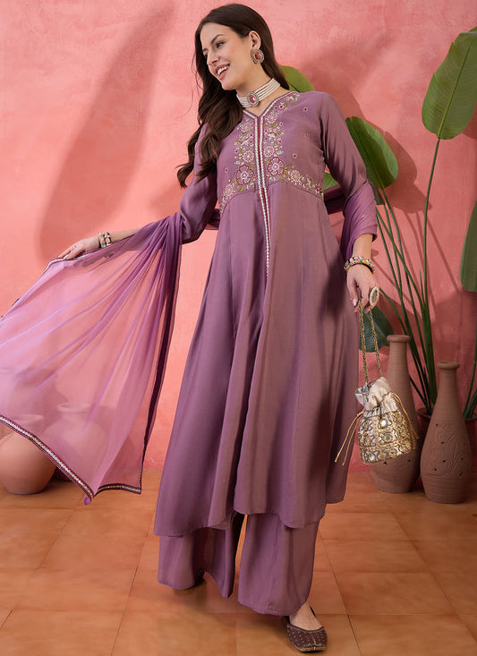 Vegaa Fashion Onion Pink Roman Silk Embroidered Palazzo Suit - Swadesiicart