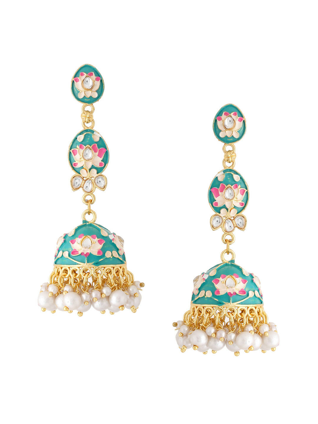 NVR Women Gold-Polished Blue Kundan Jhumkas Earrings | Swadesiicart