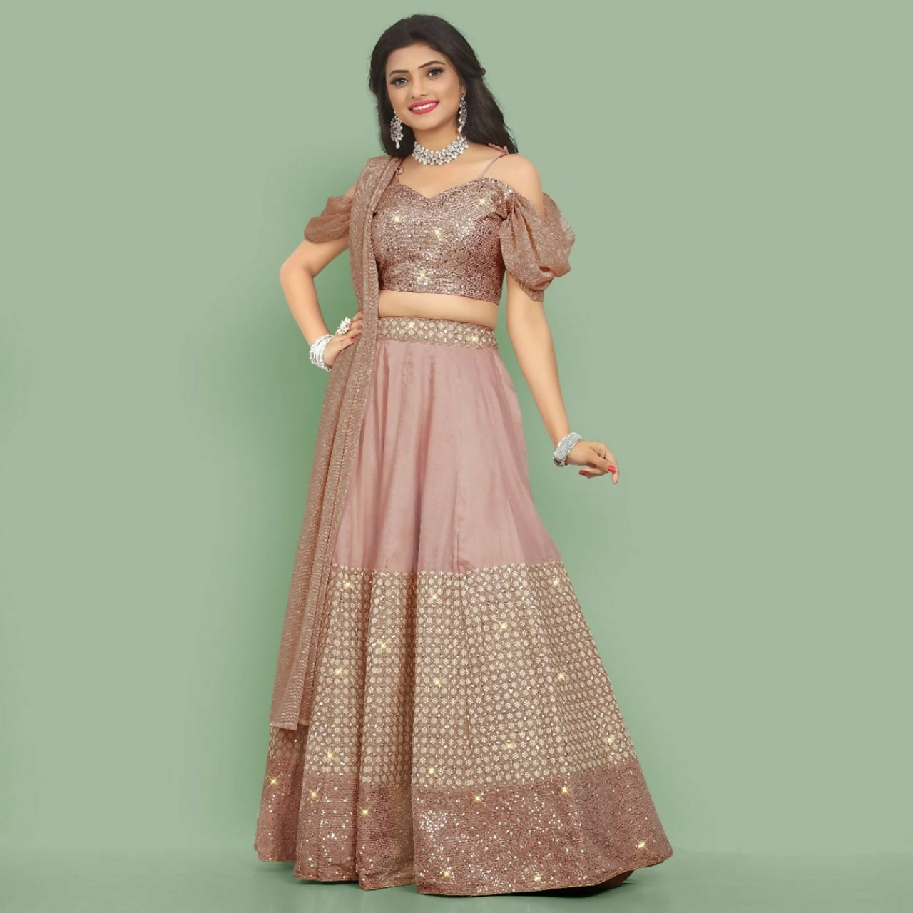 Jyoti Fashion Dusty Rose Pink Dori with Zari Thread Sequence Embroidery Cotton Silk Lehenga Choli with Dupatta | Swadesiicart