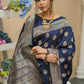 Vishnu Weaves Women's Navy Blue Banarasi Silk Floral Zari Woven Saree with Unstitched Blouse - Swadesiicart