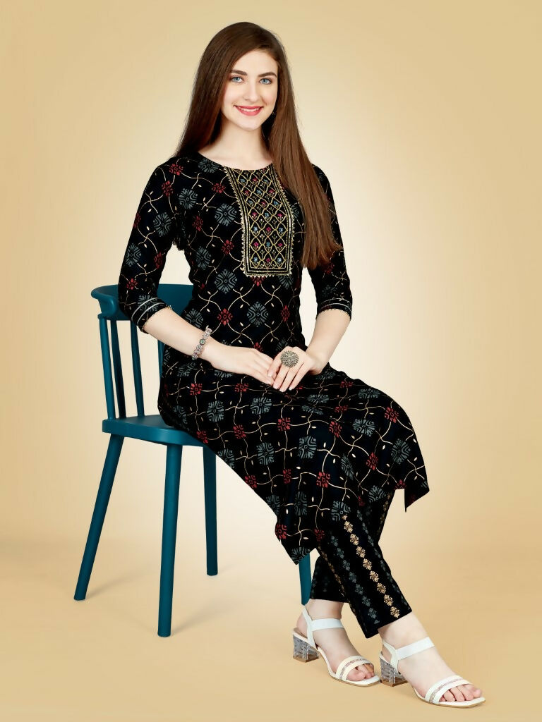 Jyoti Fashion Women's Black Viscose Rayon Embroidered Kurta Pant Set | Swadesiicart