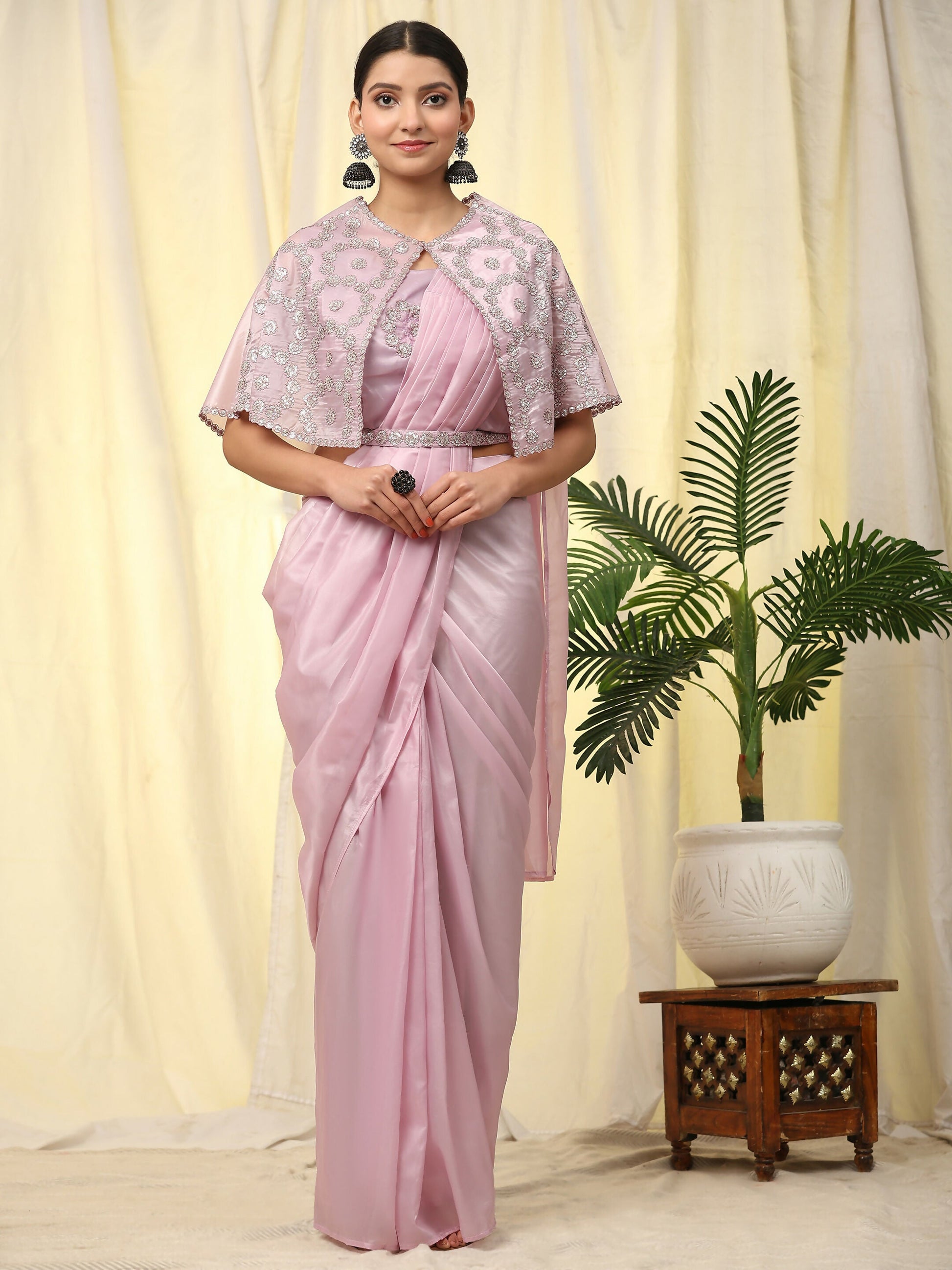 Light Lavendar Satin Solid Ready to wear Saree with stitched Blouse - Vanita | Swadesiicart