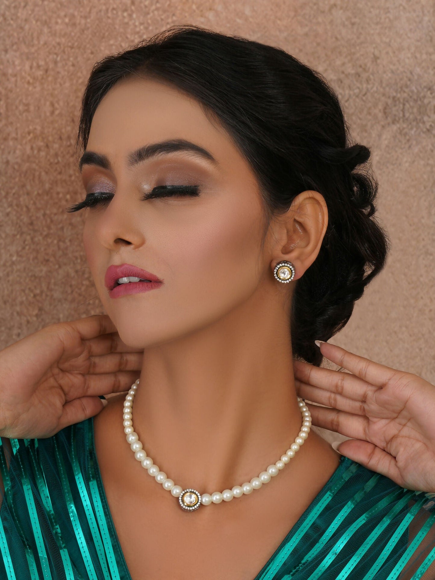Kundan and Pearl Choker with Studs Jewellery Set (white) - Ruby Raang - Ruby Raang Studio