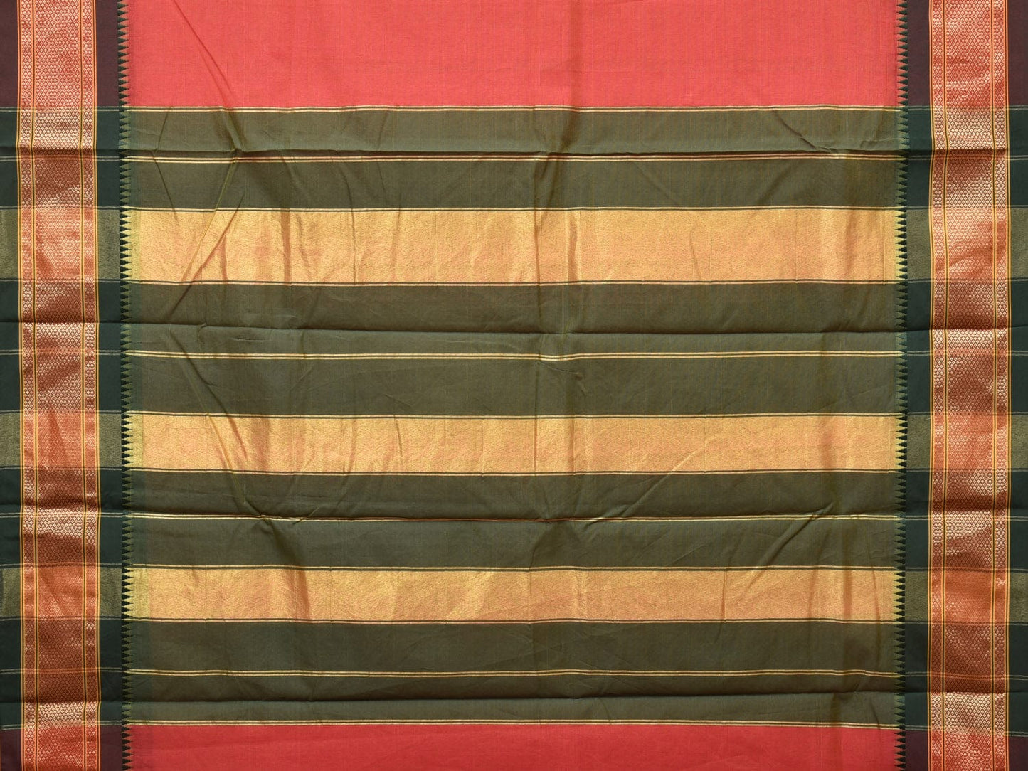 Peach and Green Bamboo Cotton Plain Saree with Strips Pallu Design No Blouse - Global Threads | Swadesiicart