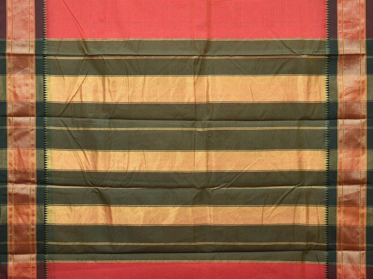 Peach and Green Bamboo Cotton Plain Saree with Strips Pallu Design No Blouse - Global Threads | Swadesiicart