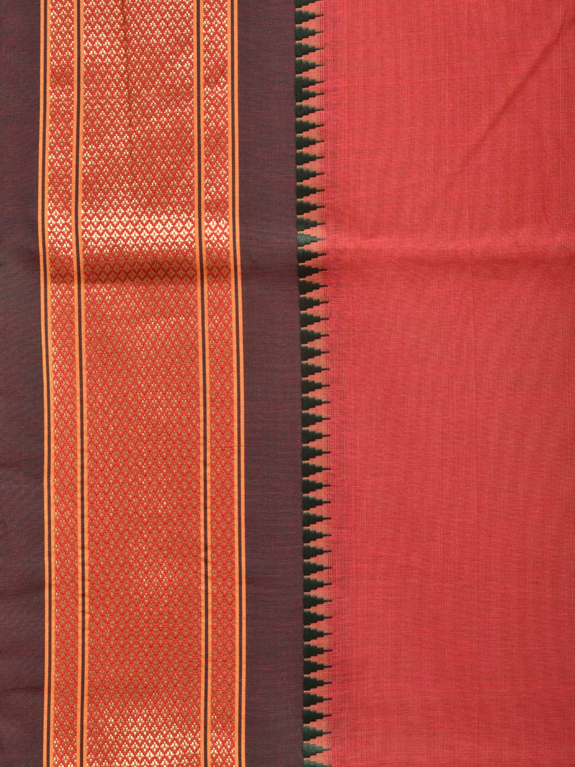 Peach and Green Bamboo Cotton Plain Saree with Strips Pallu Design No Blouse - Global Threads | Swadesiicart