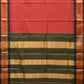 Peach and Green Bamboo Cotton Plain Saree with Strips Pallu Design No Blouse - Global Threads | Swadesiicart