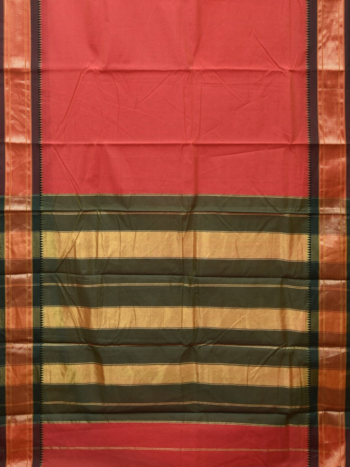 Peach and Green Bamboo Cotton Plain Saree with Strips Pallu Design No Blouse - Global Threads | Swadesiicart